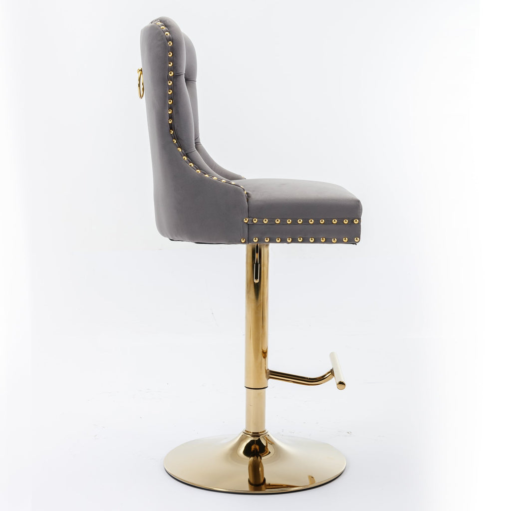 Thick gold rotating velvet bar stool with adjustable seat height of 25-33 inches and backrest (gray, set of 2 pieces)