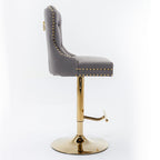 Thick gold rotating velvet bar stool with adjustable seat height of 25-33 inches and backrest (gray, set of 2 pieces)