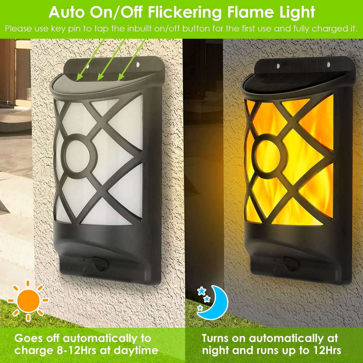 Flame Solar Lights Outdoor 96 LEDs Waterproof Flickering Flame Wall Mount Lamp Auto On Off Sensor Decorative Landscape Night Lamp For Deck Patio Yard