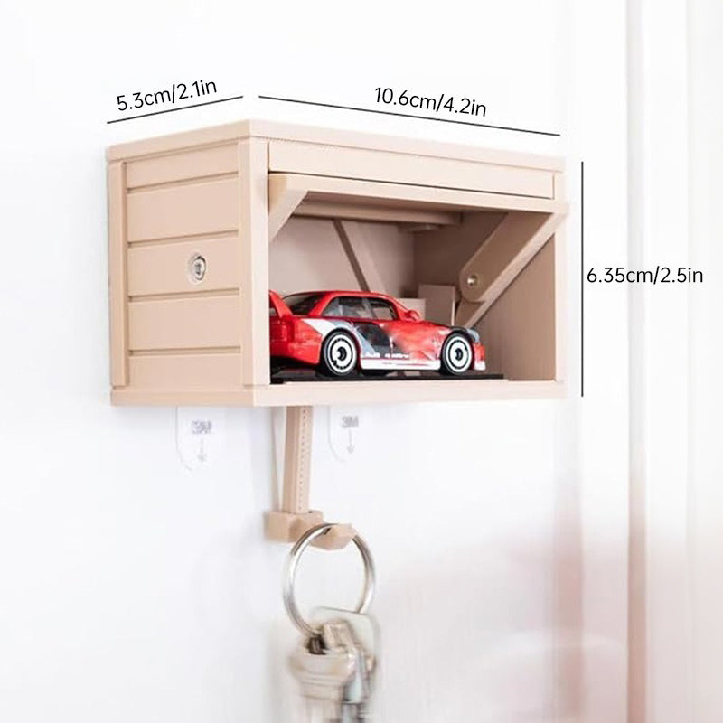 Space-saving wall wooden key holder, home key rack, garage-shaped clothes hook with opening door for hallway