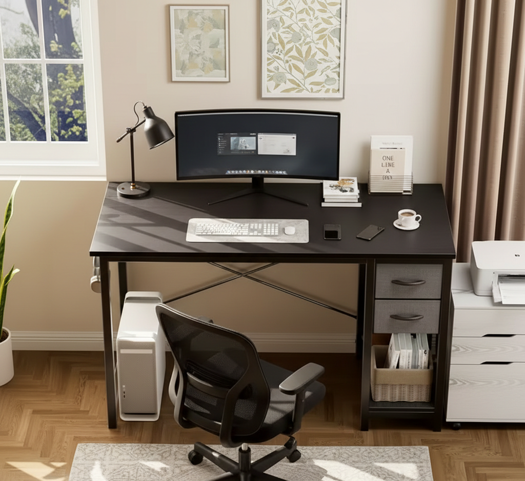 40/47 Inch Computer Desk with Fabric Storage Drawers, Modern Home Office Table