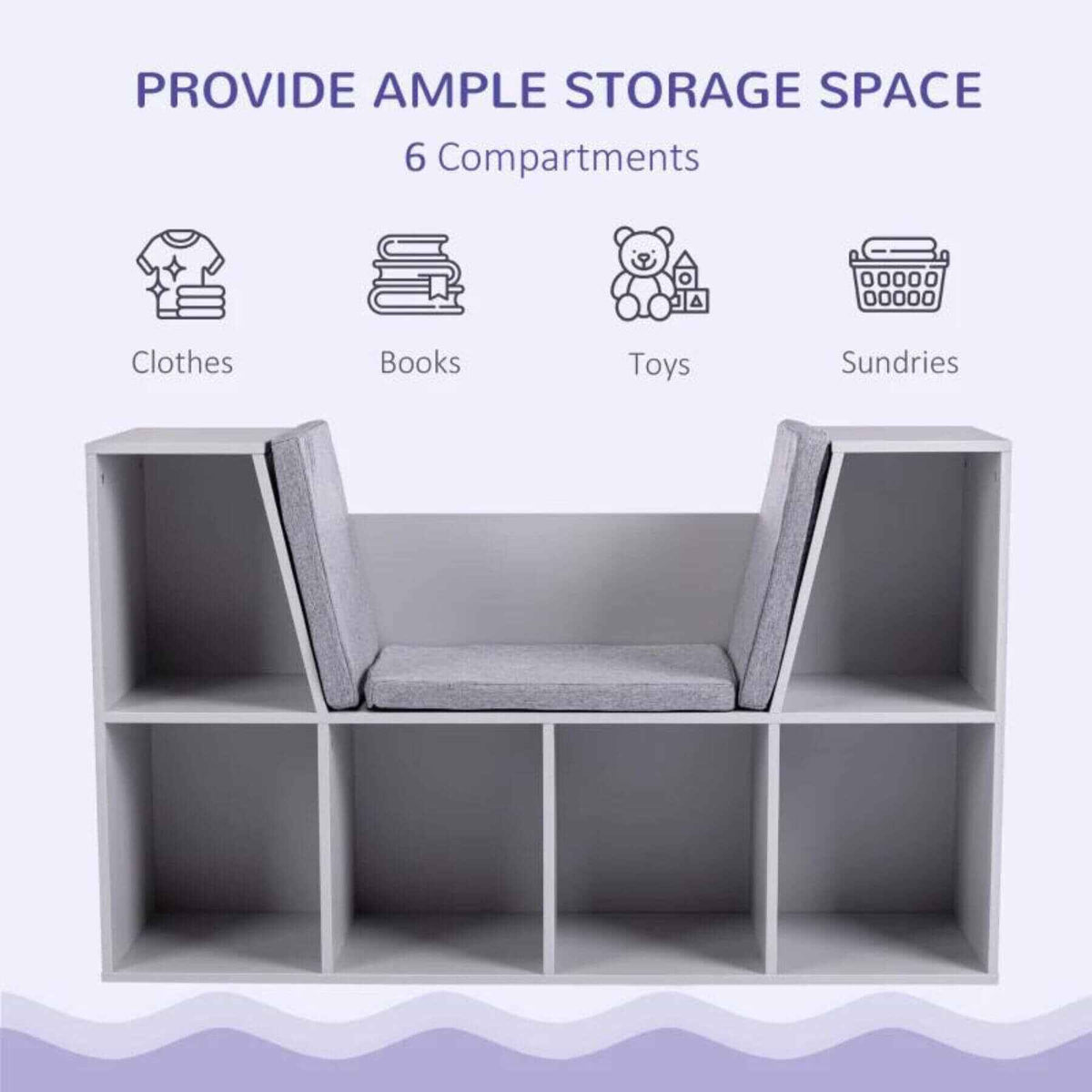 HOMCOM 6-Cubby Kids Bookcase with Reading Nook and Cushion, Gray