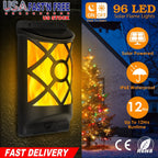Flame Solar Lights Outdoor 96 LEDs Waterproof Flickering Flame Wall Mount Lamp Auto On Off Sensor Decorative Landscape Night Lamp For Deck Patio Yard
