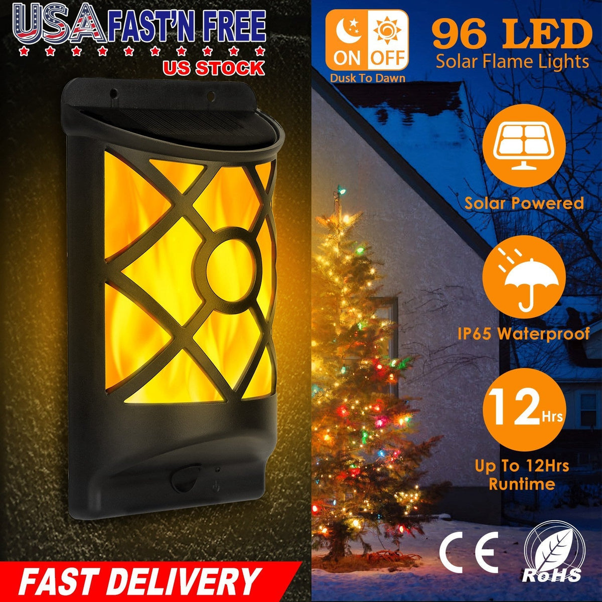Flame Solar Lights Outdoor 96 LEDs Waterproof Flickering Flame Wall Mount Lamp Auto On Off Sensor Decorative Landscape Night Lamp For Deck Patio Yard
