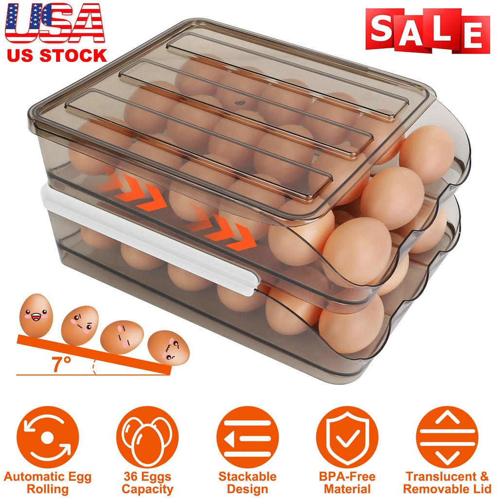 Egg Container Holder for Refrigerator Double Layer Egg Storage Box with Lid Automatic Rolling Egg Box Organizer Bin Tray Rack 36 Eggs