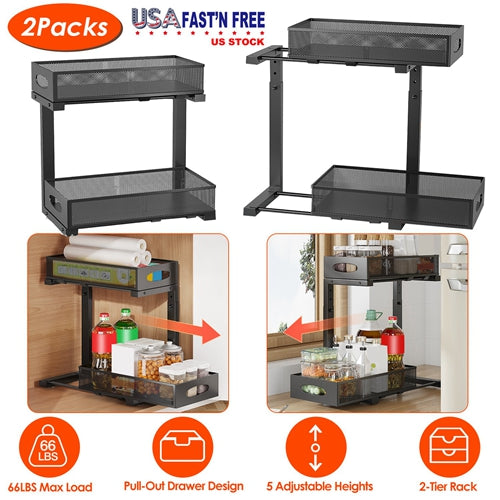 2Pcs Under Sink Organizer 2 Tier Pull Out Cabinet Baskets Storage Shelf Sliding Storage Drawers Rack with 5 Adjustable Height Mesh Baskets for Home Ki