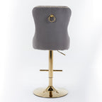Thick gold rotating velvet bar stool with adjustable seat height of 25-33 inches and backrest (gray, set of 2 pieces)