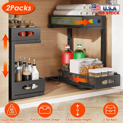2Pcs Under Sink Organizer 2 Tier Pull Out Cabinet Baskets Storage Shelf Sliding Storage Drawers Rack with 5 Adjustable Height Mesh Baskets for Home Ki
