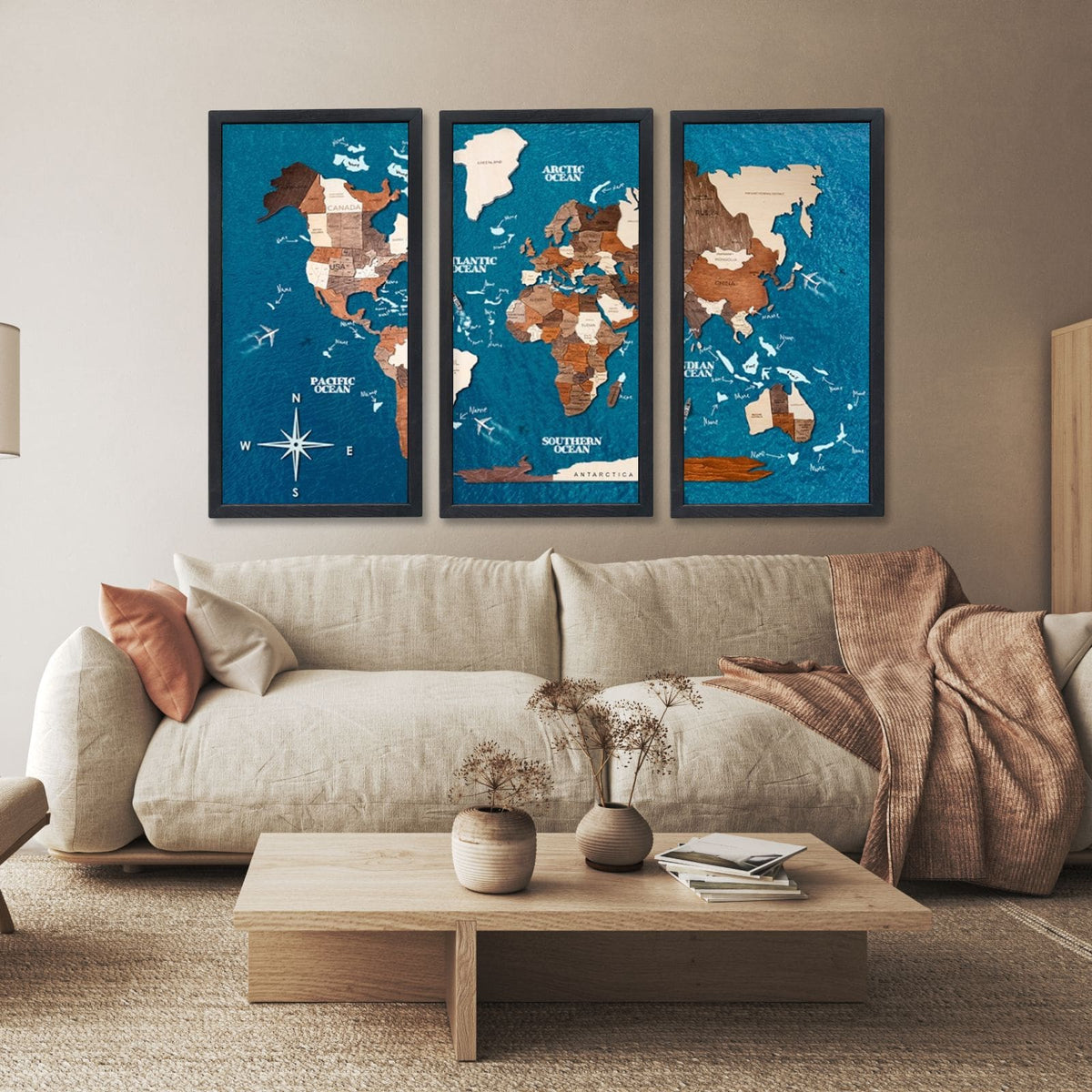 3D Wooden Triptych World Map Multicolor (B2B)