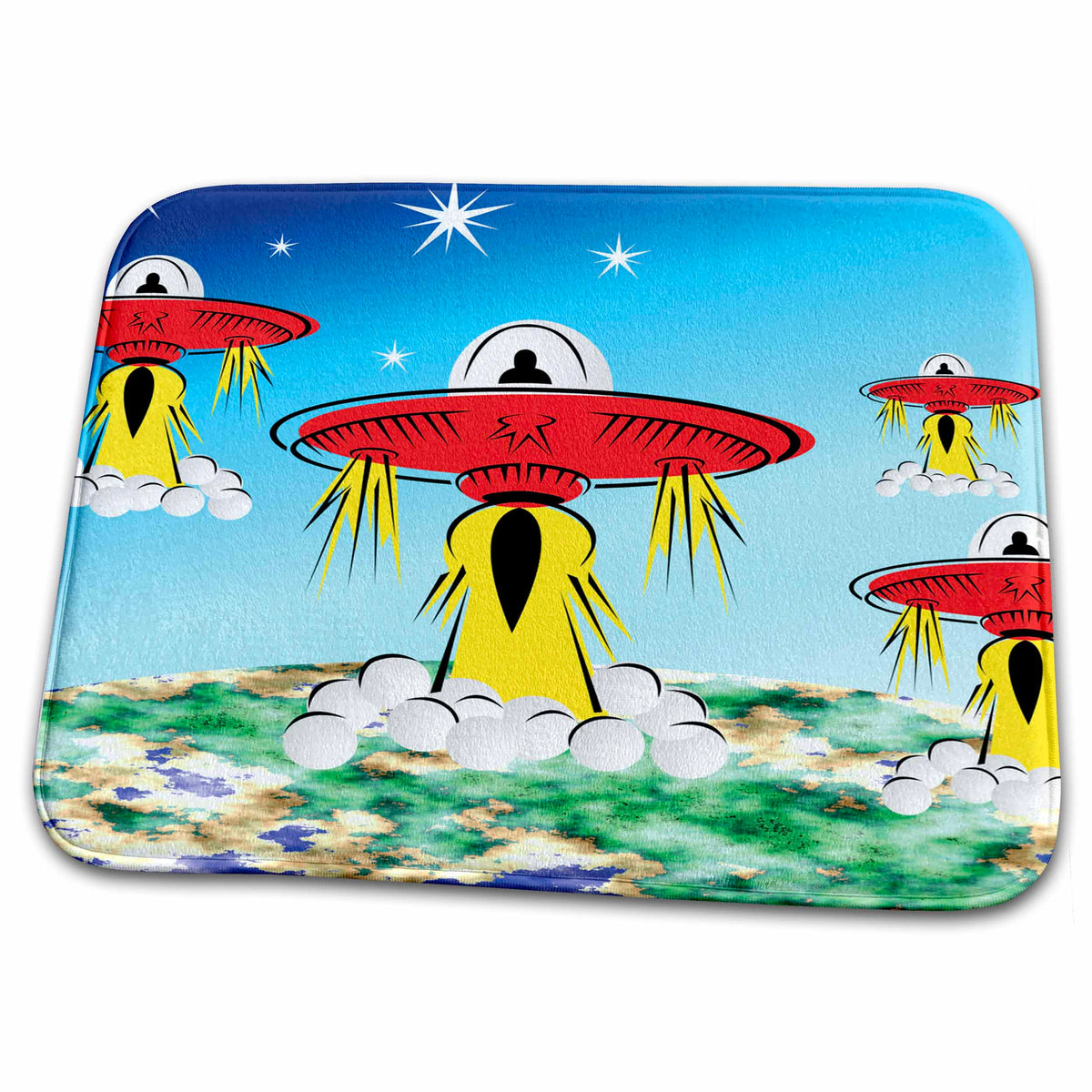 Dish Drying Mat - Flying Saucer Lift Off Sci Fi