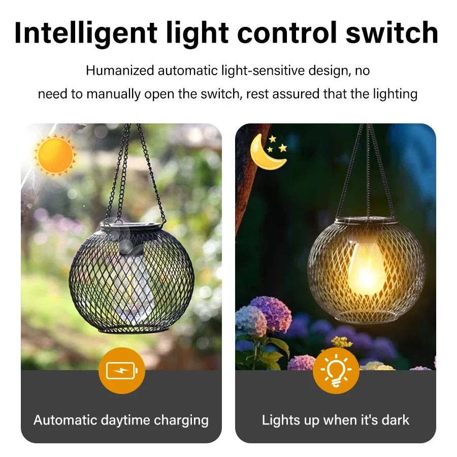 Outdoor Solar Iron Lantern Led Solar Lights Waterproof Decorative Hanging Lights for Tree Garden Yard Patio Pathway Dusk-to-dawn