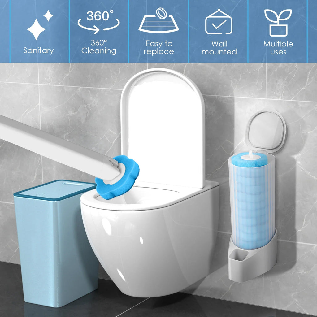 Toilet Wand Kit Wall Mounted Toilet Brush Set with 24 Replacement Brush Heads 360° Bathroom Effective Cleaning Tool for Home