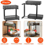 2Pcs Under Sink Organizer 2 Tier Pull Out Cabinet Baskets Storage Shelf Sliding Storage Drawers Rack with 5 Adjustable Height Mesh Baskets for Home Ki
