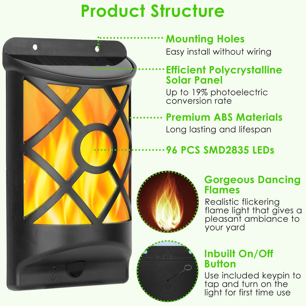 Flame Solar Lights Outdoor 96 LEDs Waterproof Flickering Flame Wall Mount Lamp Auto On Off Sensor Decorative Landscape Night Lamp For Deck Patio Yard