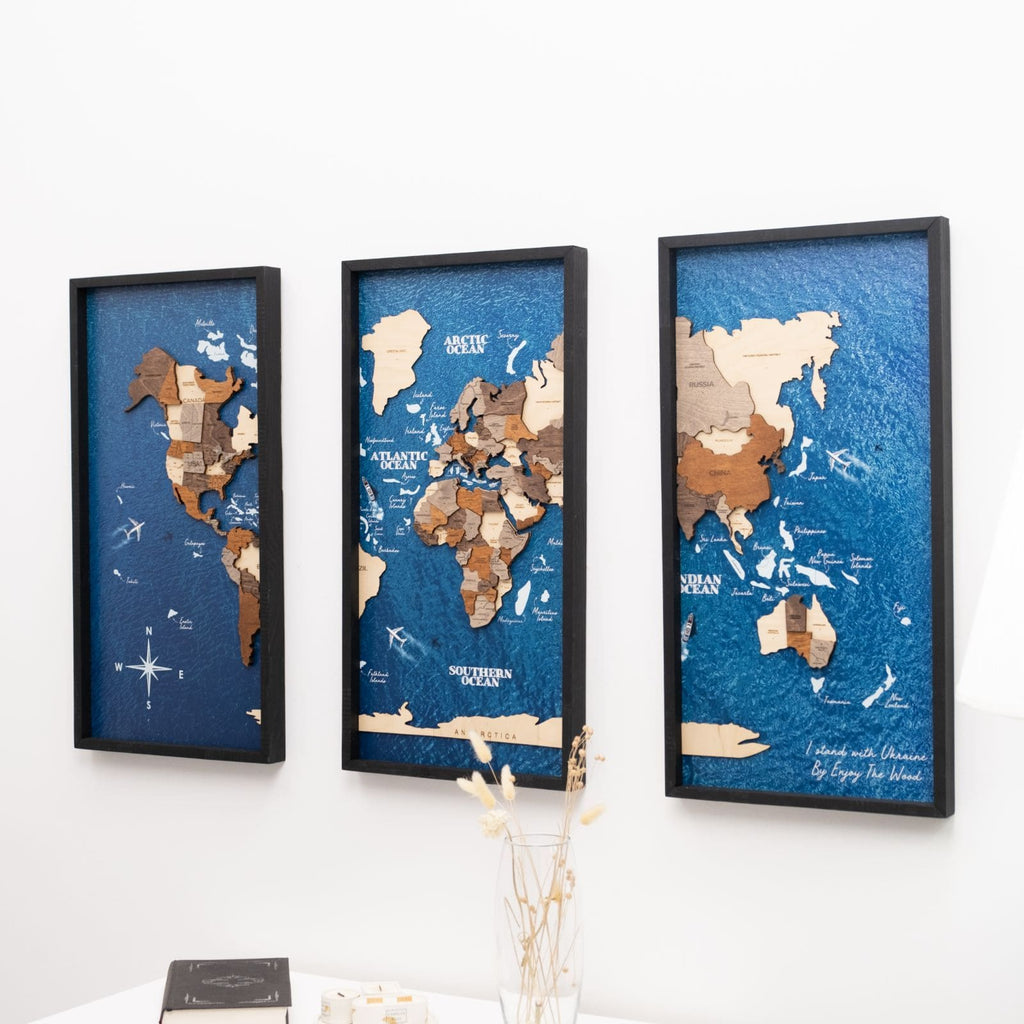 3D Wooden Triptych World Map Multicolor (B2B)