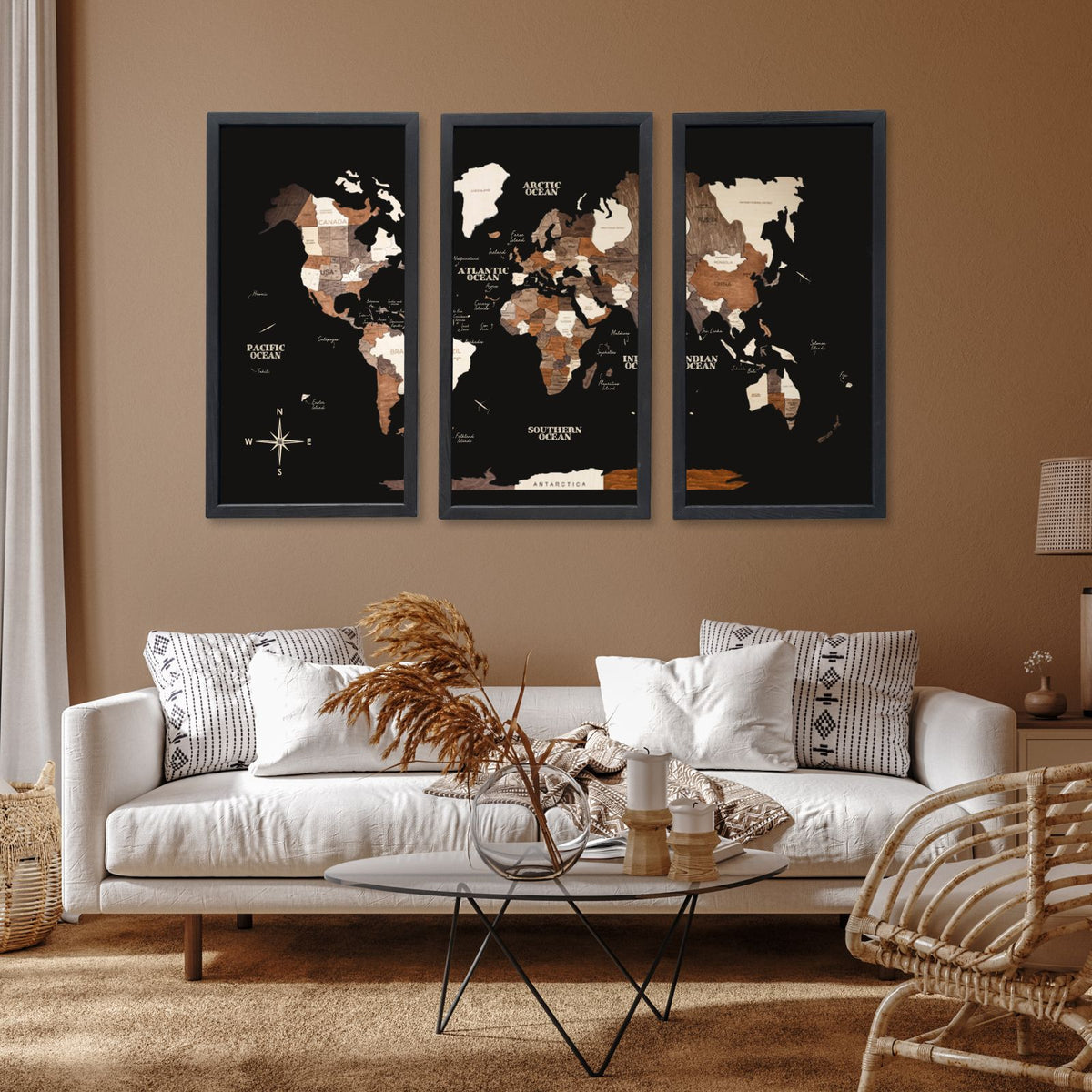 3D Wooden Triptych World Map Multicolor (B2B)